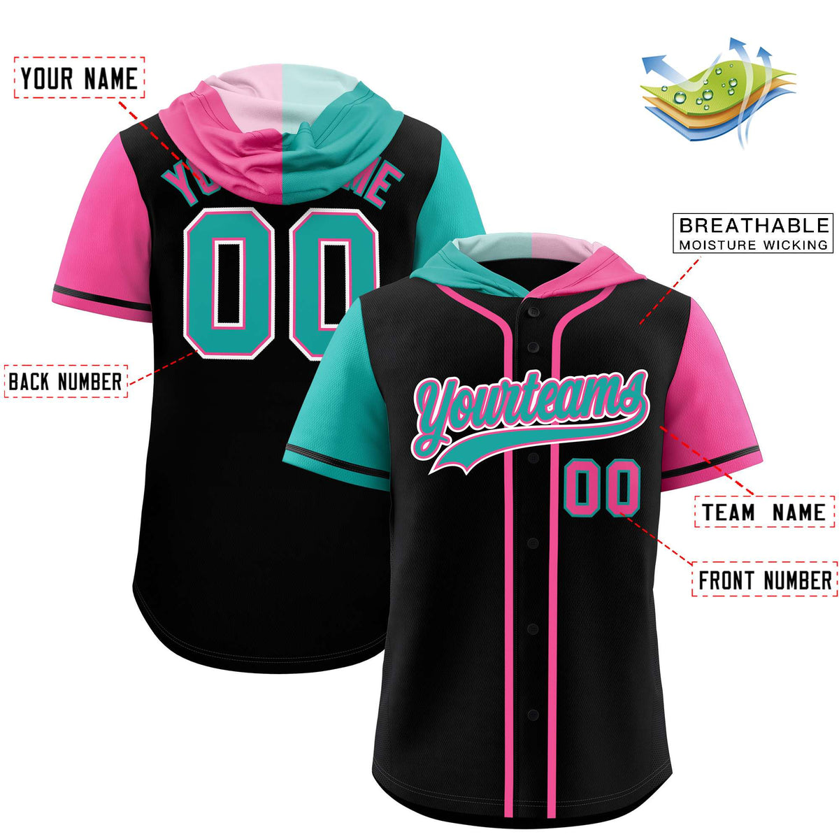 Custom Black Aqua and Pink Split Fashion Raglan Sleeves Authentic Baseball Hoodie Jersey