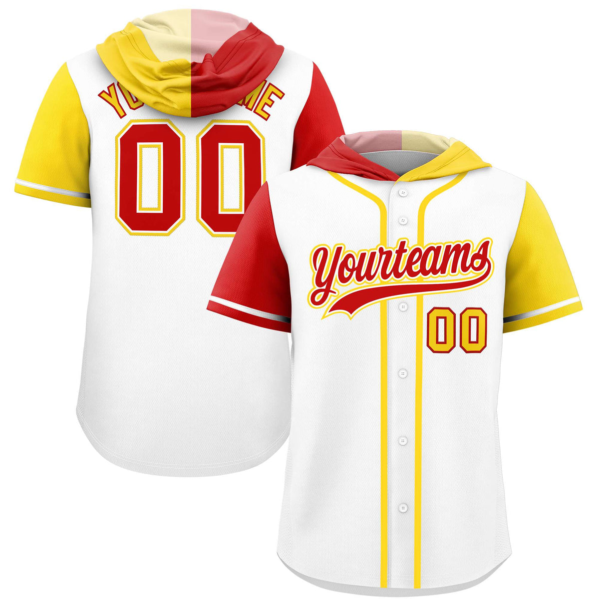 Custom White Red and Gold Split Fashion Raglan Sleeves Authentic Baseball Hoodie Jersey