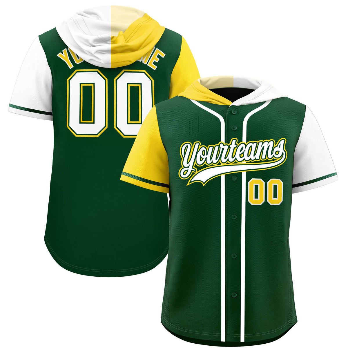 Custom Green Gold and White Split Fashion Raglan Sleeves Authentic Baseball Hoodie Jersey