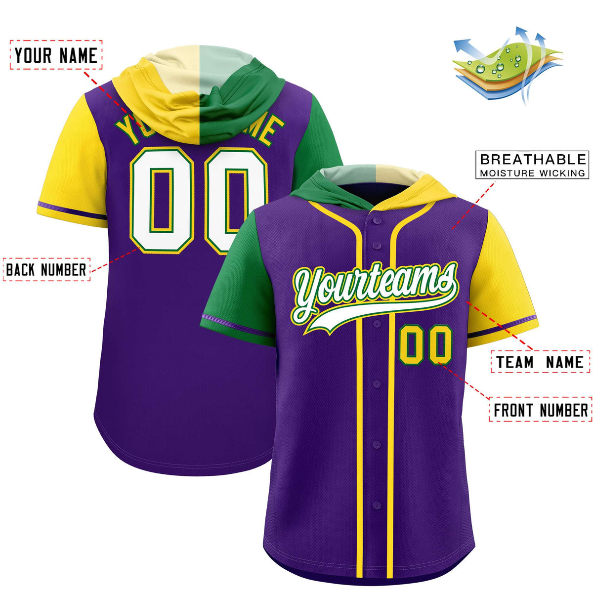 Custom Purple Kelly Green and Gold Split Fashion Raglan Sleeves Authentic Baseball Hoodie Jersey