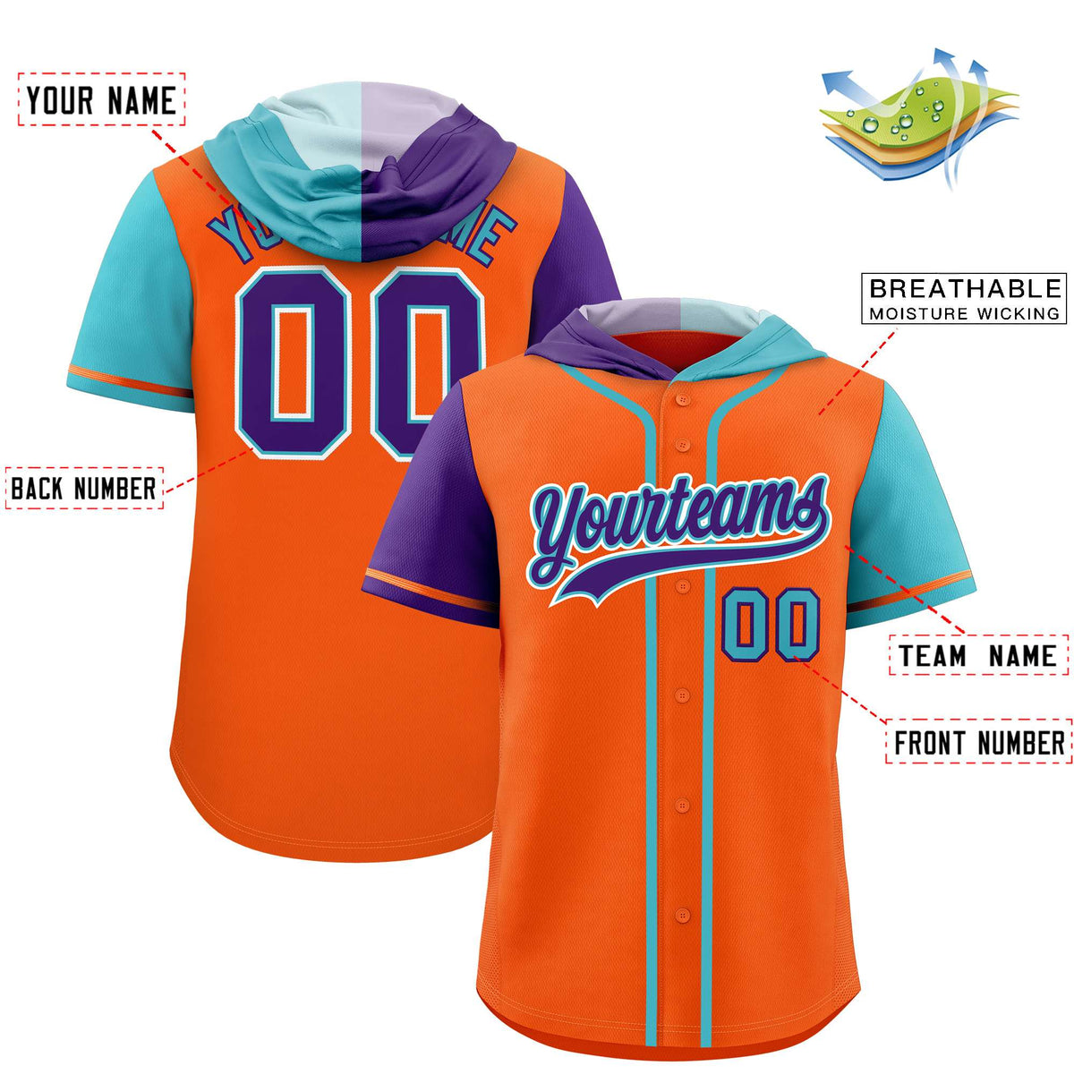 Custom Orange Purple and Sky Blue Split Fashion Raglan Sleeves Authentic Baseball Hoodie Jersey