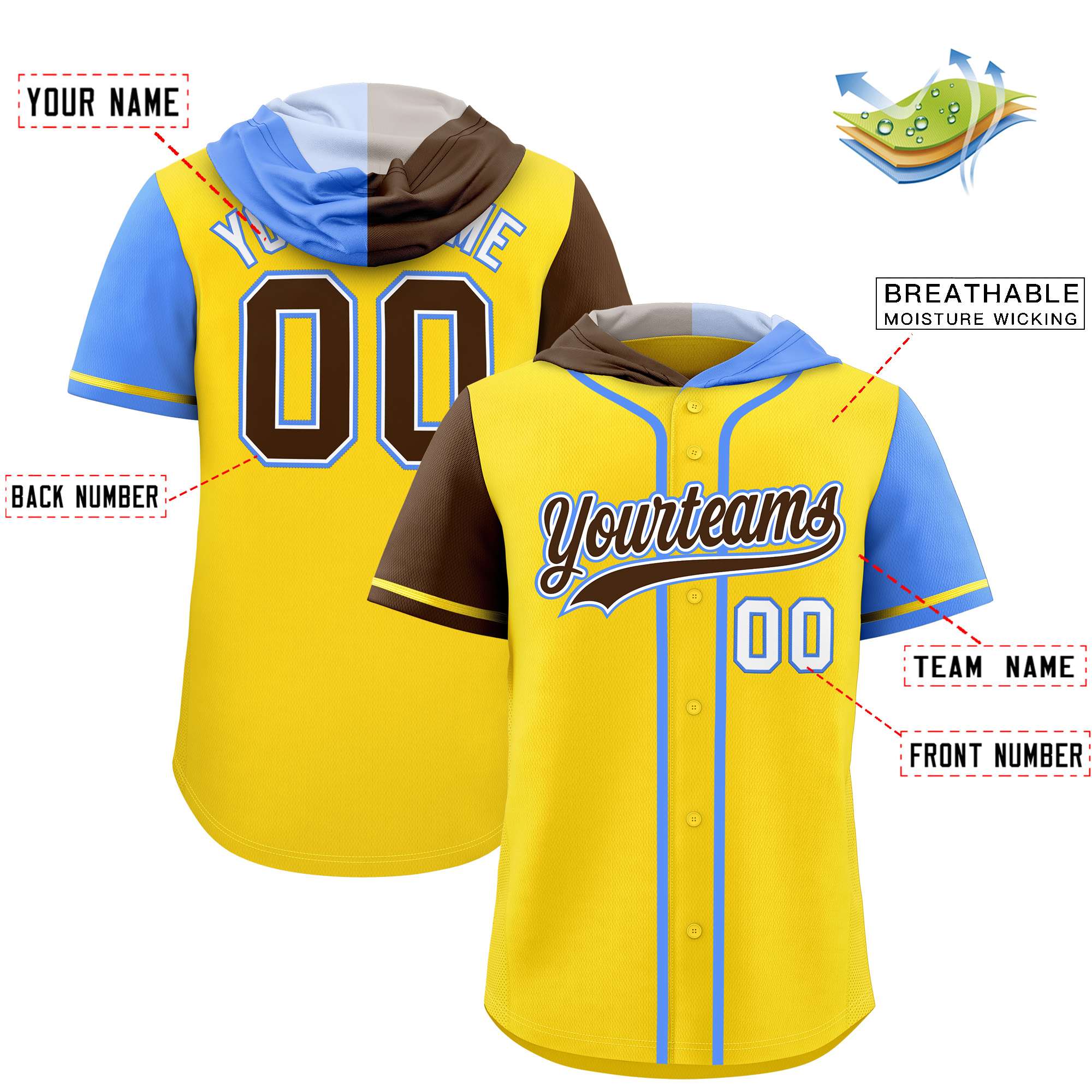 Custom Gold Brown and Powder Blue Split Fashion Raglan Sleeves Authentic Baseball Hoodie Jersey