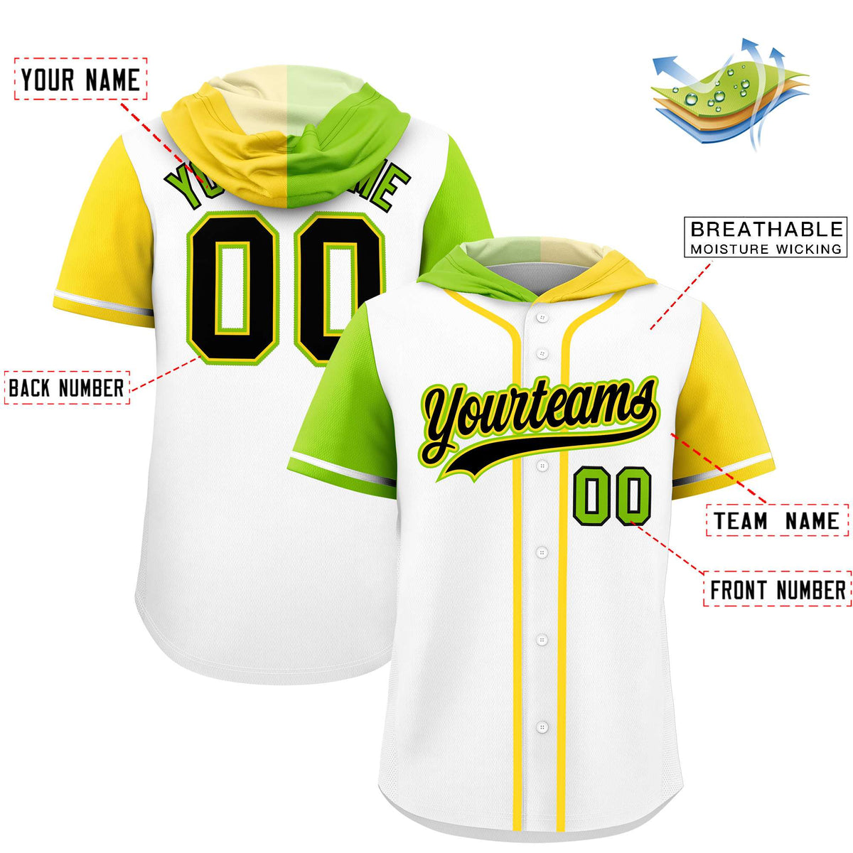 Custom White Neon Green and Gold Split Fashion Raglan Sleeves Authentic Baseball Hoodie Jersey