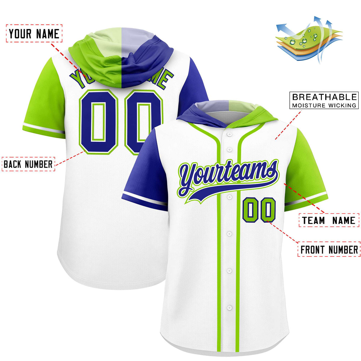 Custom White Royal and Neon Green Split Fashion Raglan Sleeves Authentic Baseball Hoodie Jersey