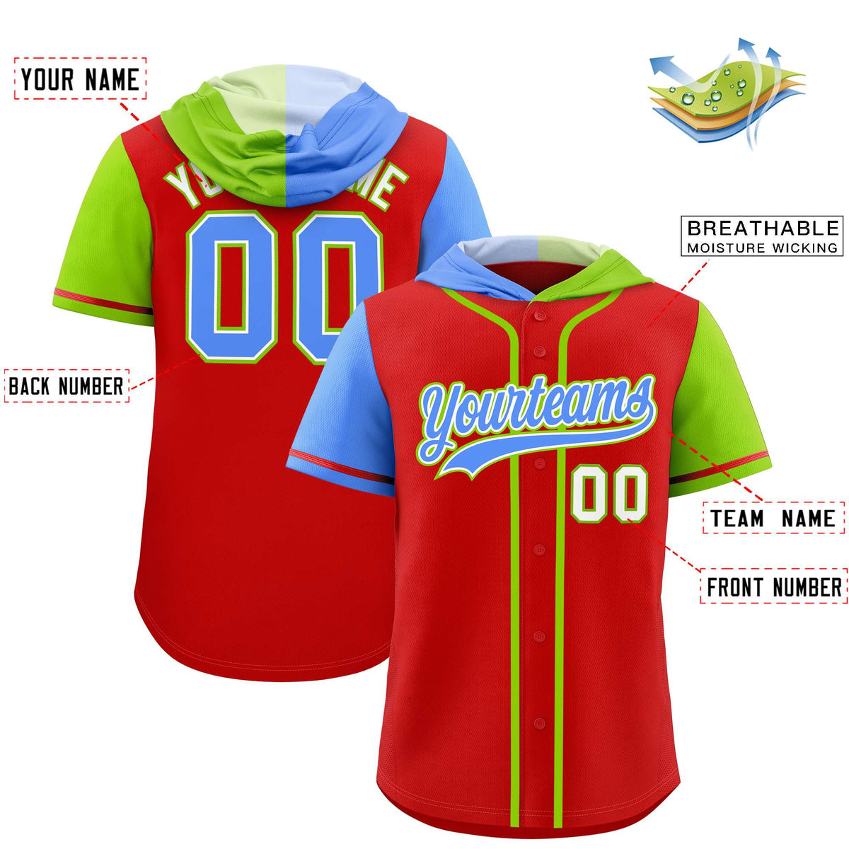 Custom Red Powder Blue and Neon Green Split Fashion Raglan Sleeves Authentic Baseball Hoodie Jersey