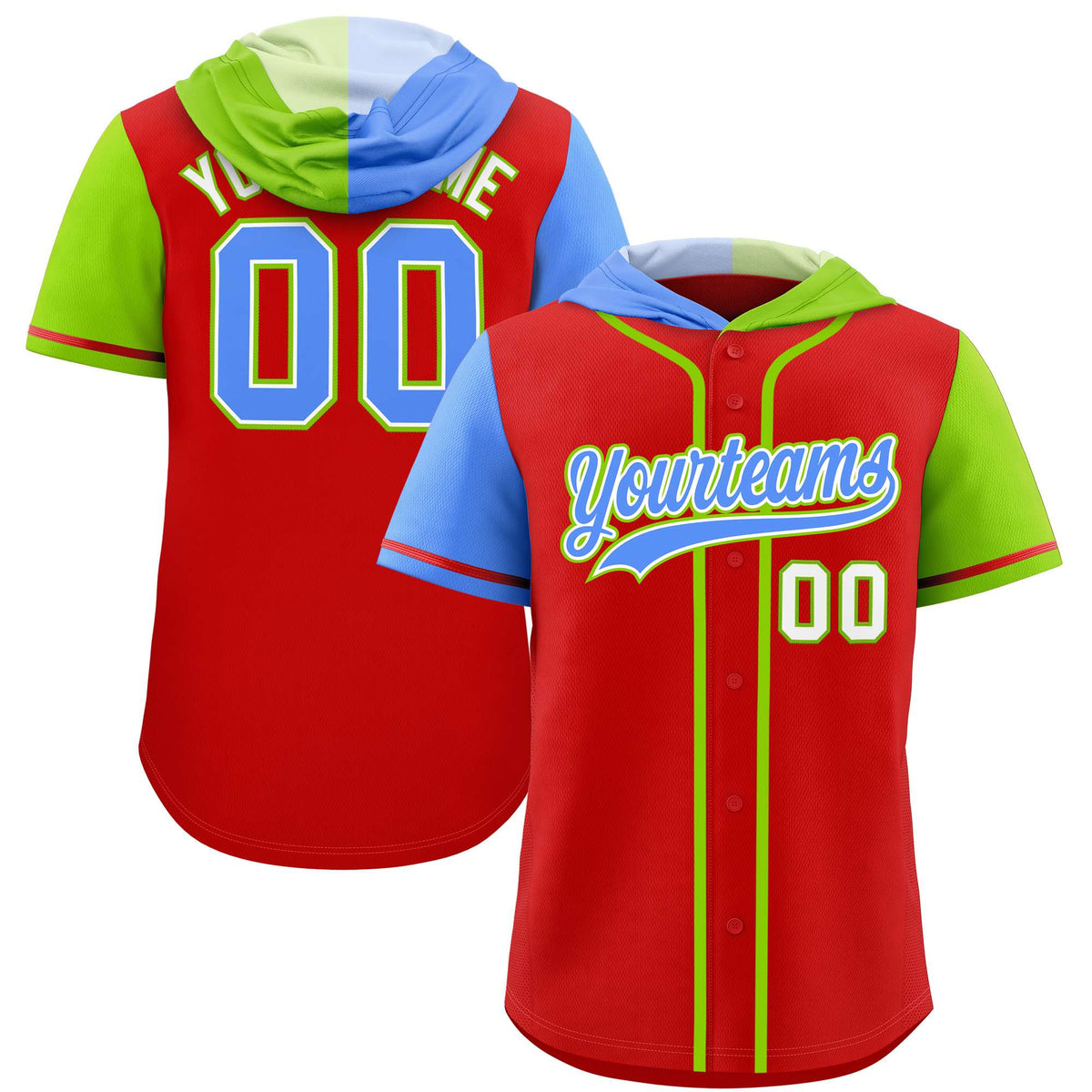 Custom Red Powder Blue and Neon Green Split Fashion Raglan Sleeves Authentic Baseball Hoodie Jersey