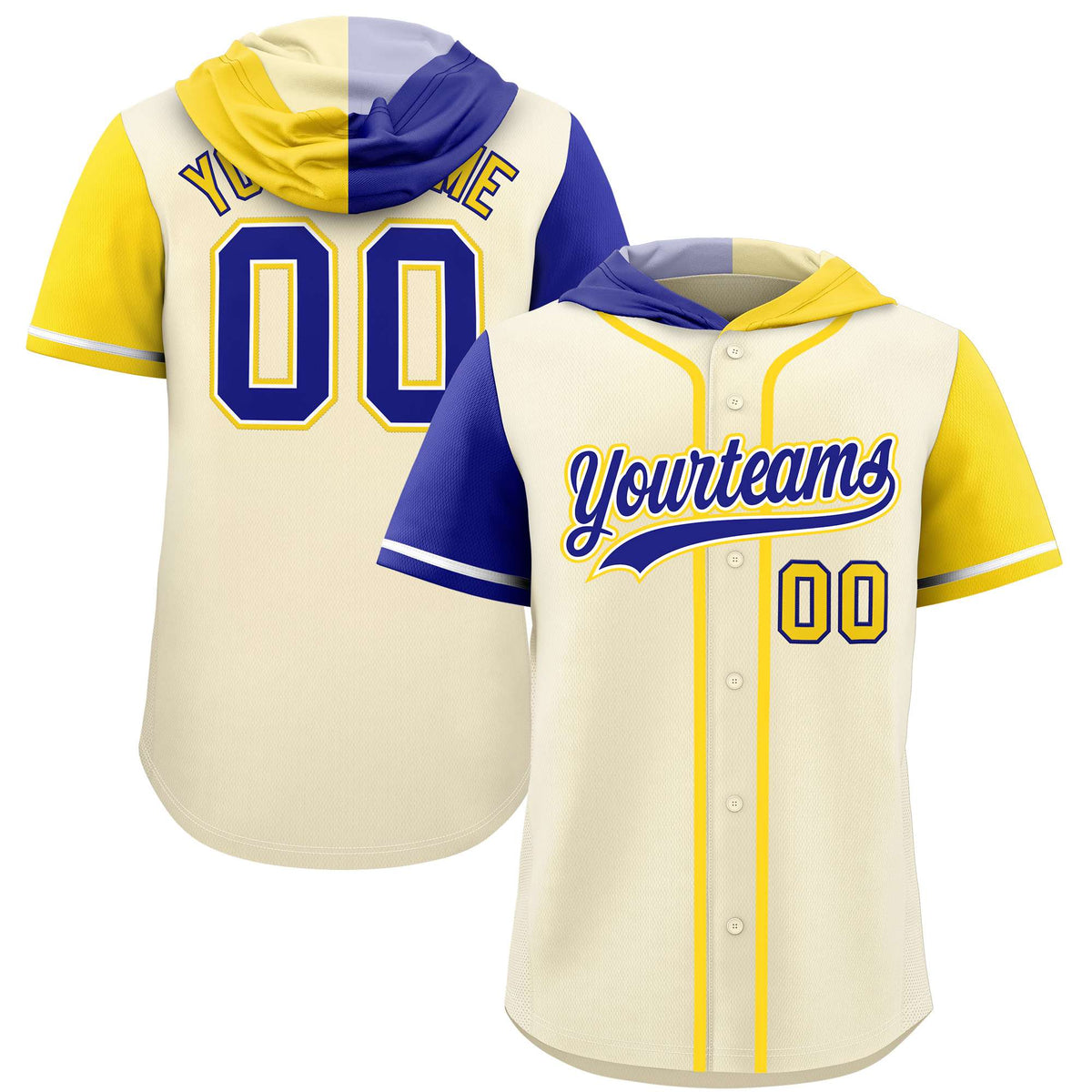 Custom Cream Royal and Gold Split Fashion Raglan Sleeves Authentic Baseball Hoodie Jersey