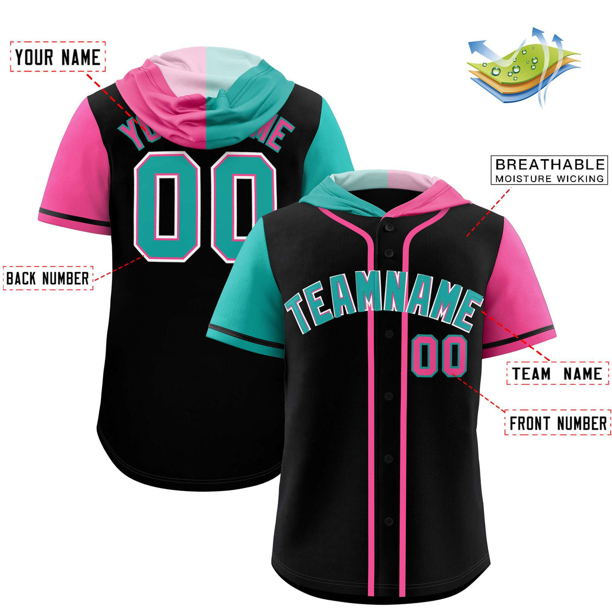 Custom Black Aqua and Pink Split Fashion Raglan Sleeves Authentic Baseball Hoodie Jersey