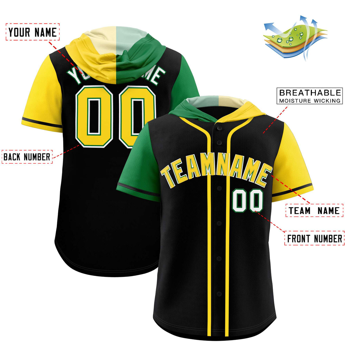 Custom Black Kelly Green and Gold Split Fashion Raglan Sleeves Authentic Baseball Hoodie Jersey