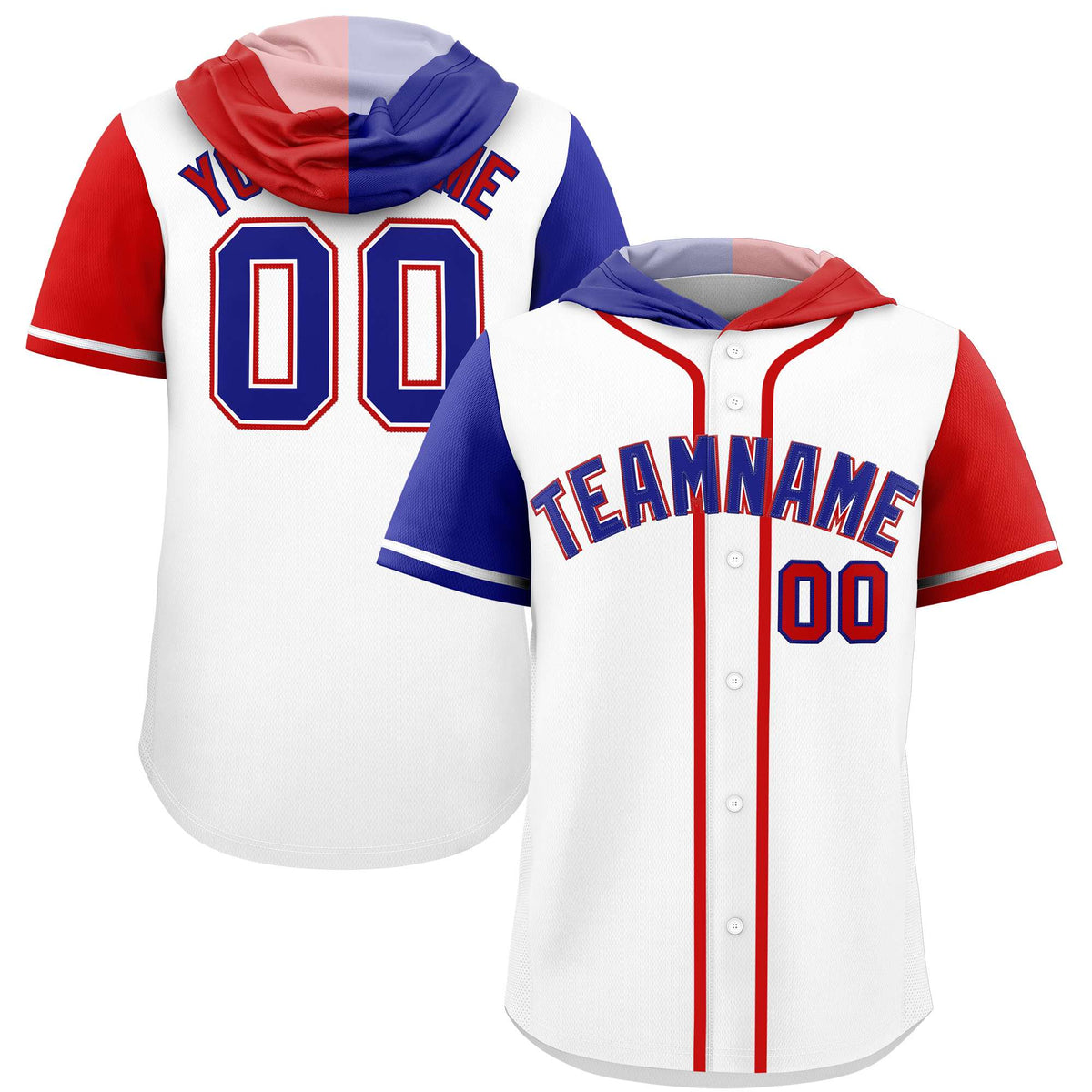Custom White Royal and Red Split Fashion Raglan Sleeves Authentic Baseball Hoodie Jersey