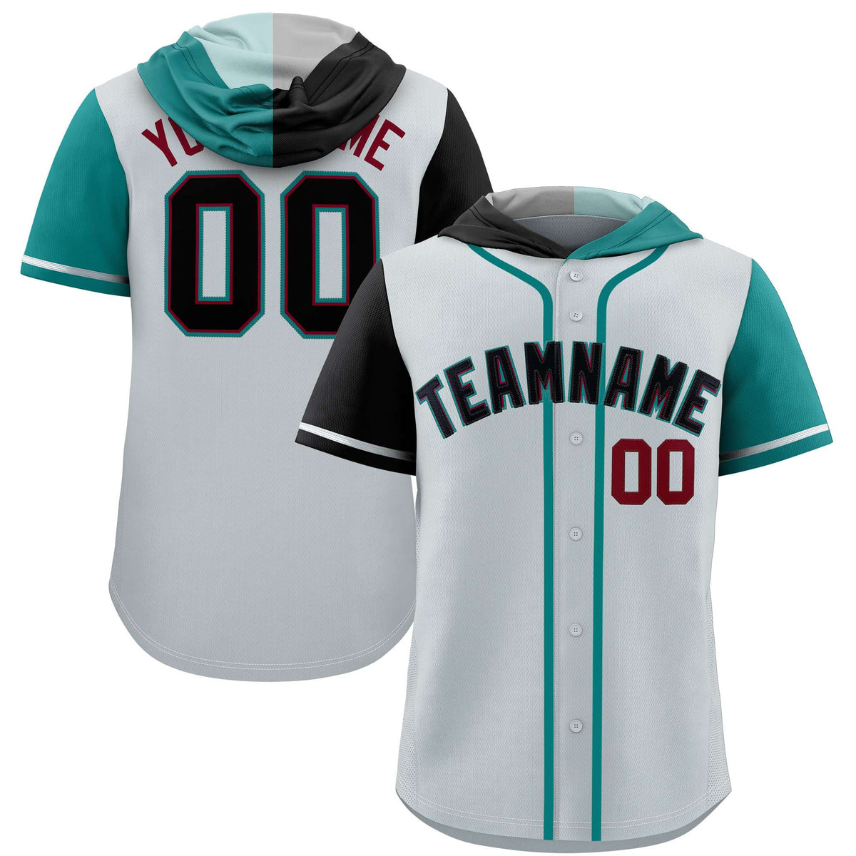 Custom Silver Black and Aqua Split Fashion Raglan Sleeves Authentic Baseball Hoodie Jersey