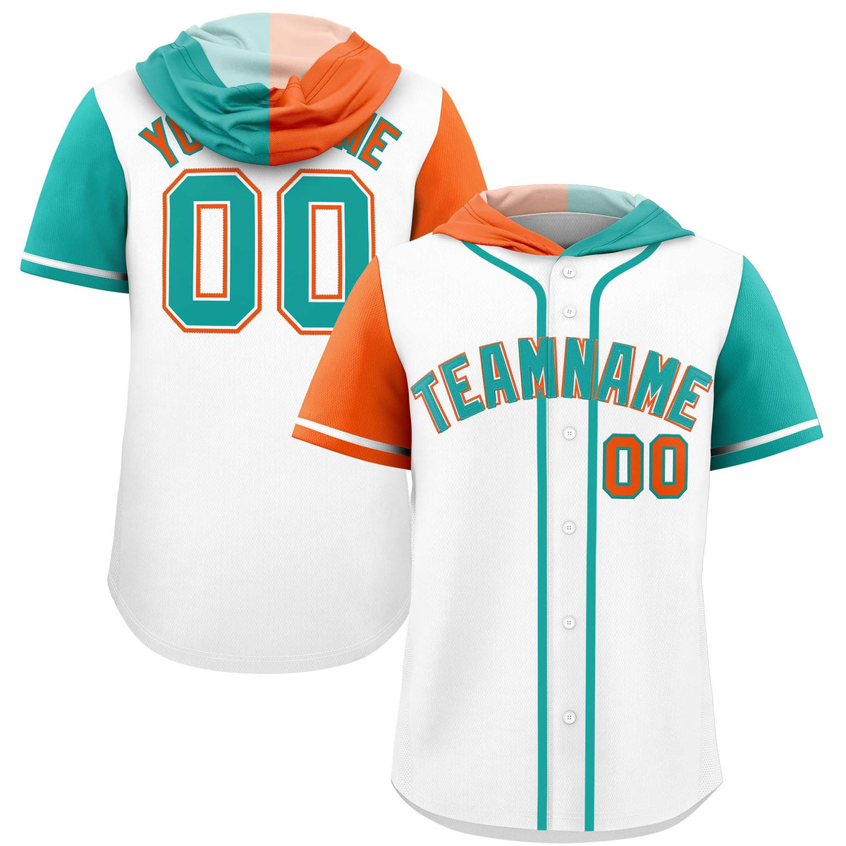 Custom White Orange and Aqua Split Fashion Raglan Sleeves Authentic Baseball Hoodie Jersey