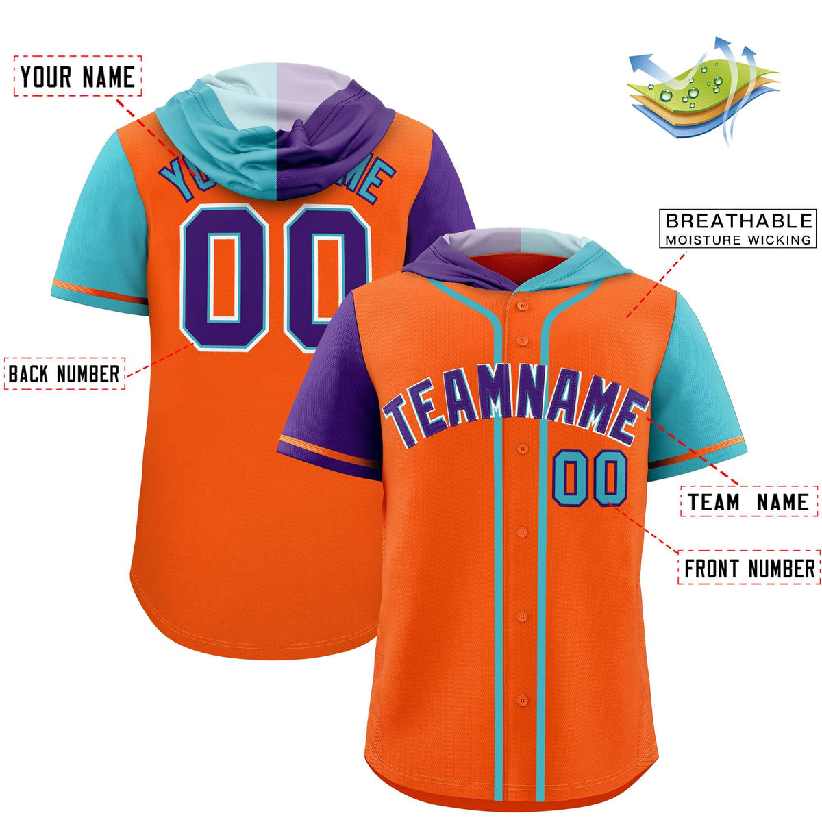 Custom Orange Purple and Sky Blue Split Fashion Raglan Sleeves Authentic Baseball Hoodie Jersey