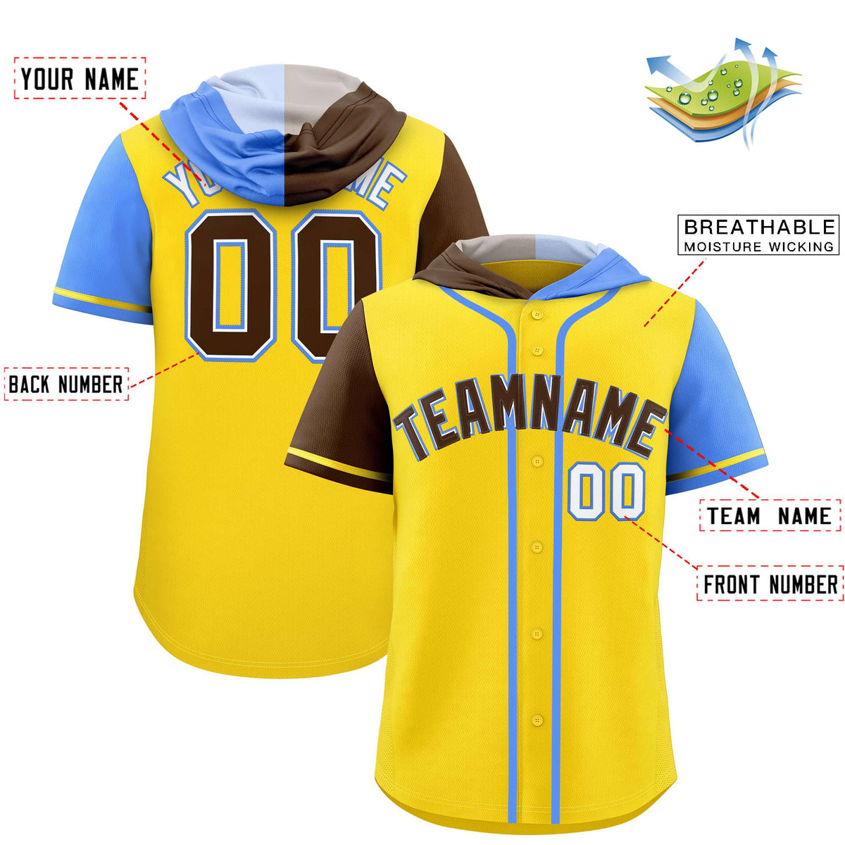 Custom Gold Brown and Powder Blue Split Fashion Raglan Sleeves Authentic Baseball Hoodie Jersey