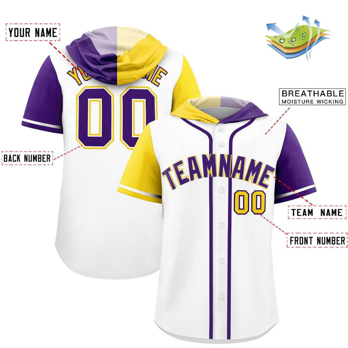 Custom White Gold and Purple Split Fashion Raglan Sleeves Authentic Baseball Hoodie Jersey