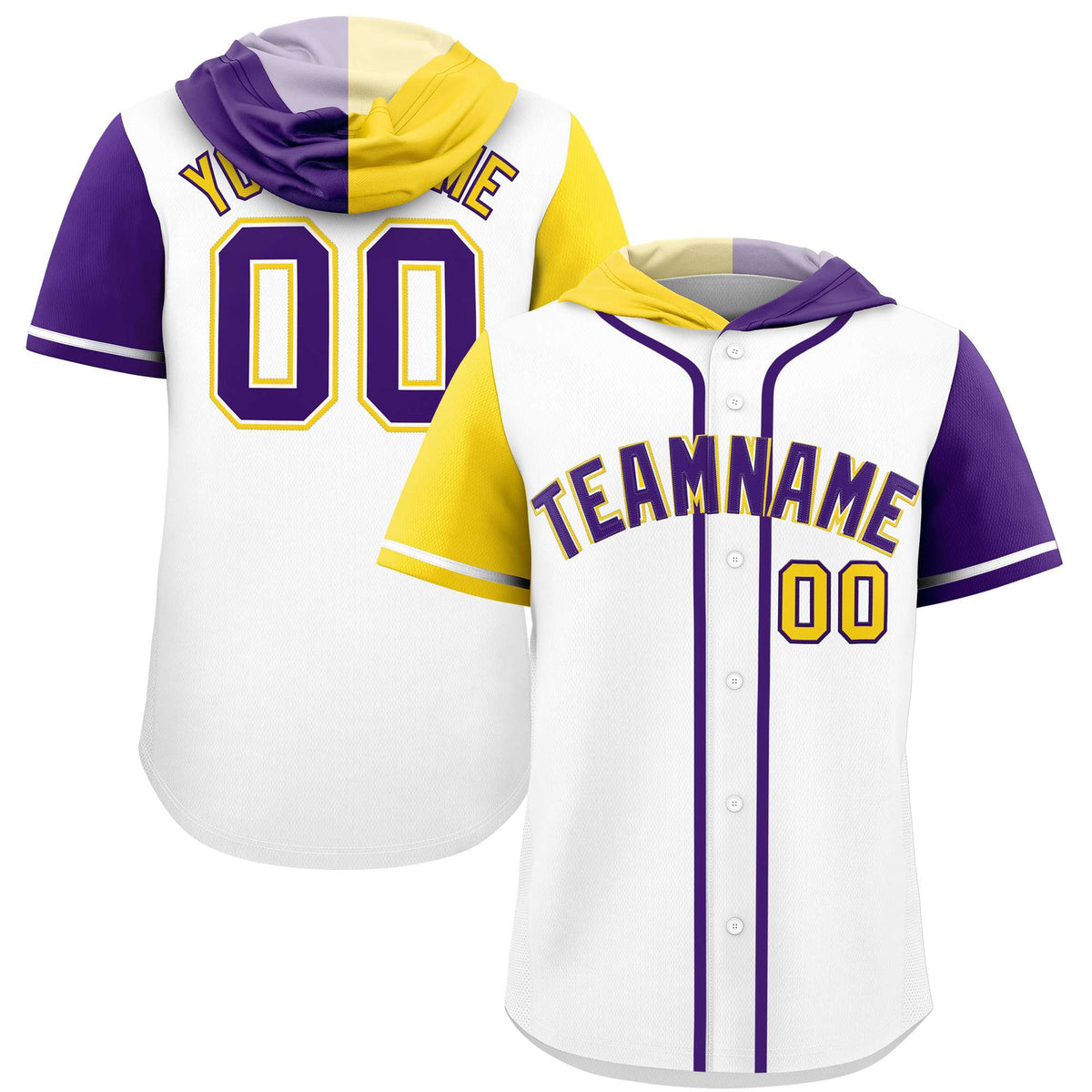 Custom White Gold and Purple Split Fashion Raglan Sleeves Authentic Baseball Hoodie Jersey