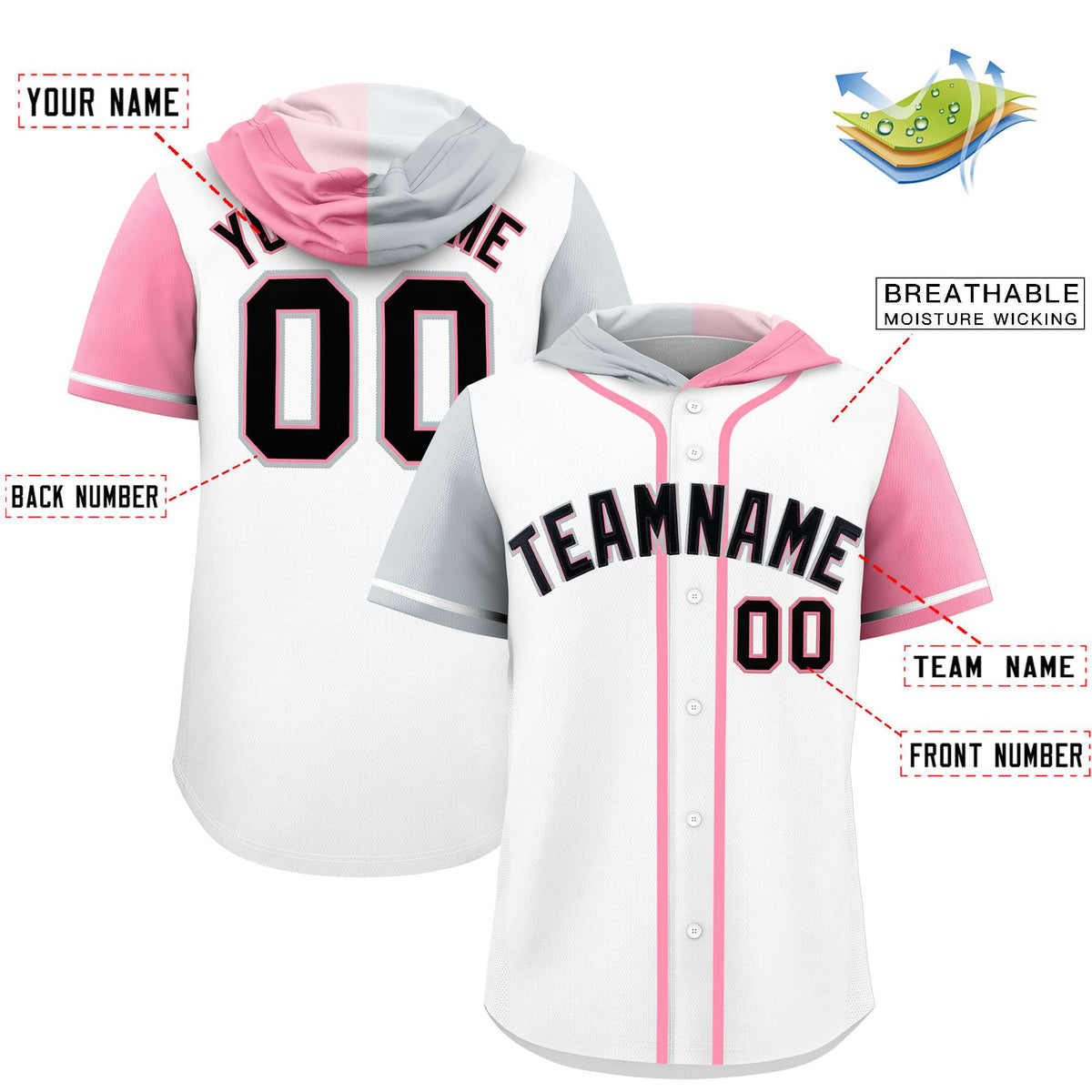 Custom White Silver and Light Pink Split Fashion Raglan Sleeves Authentic Baseball Hoodie Jersey