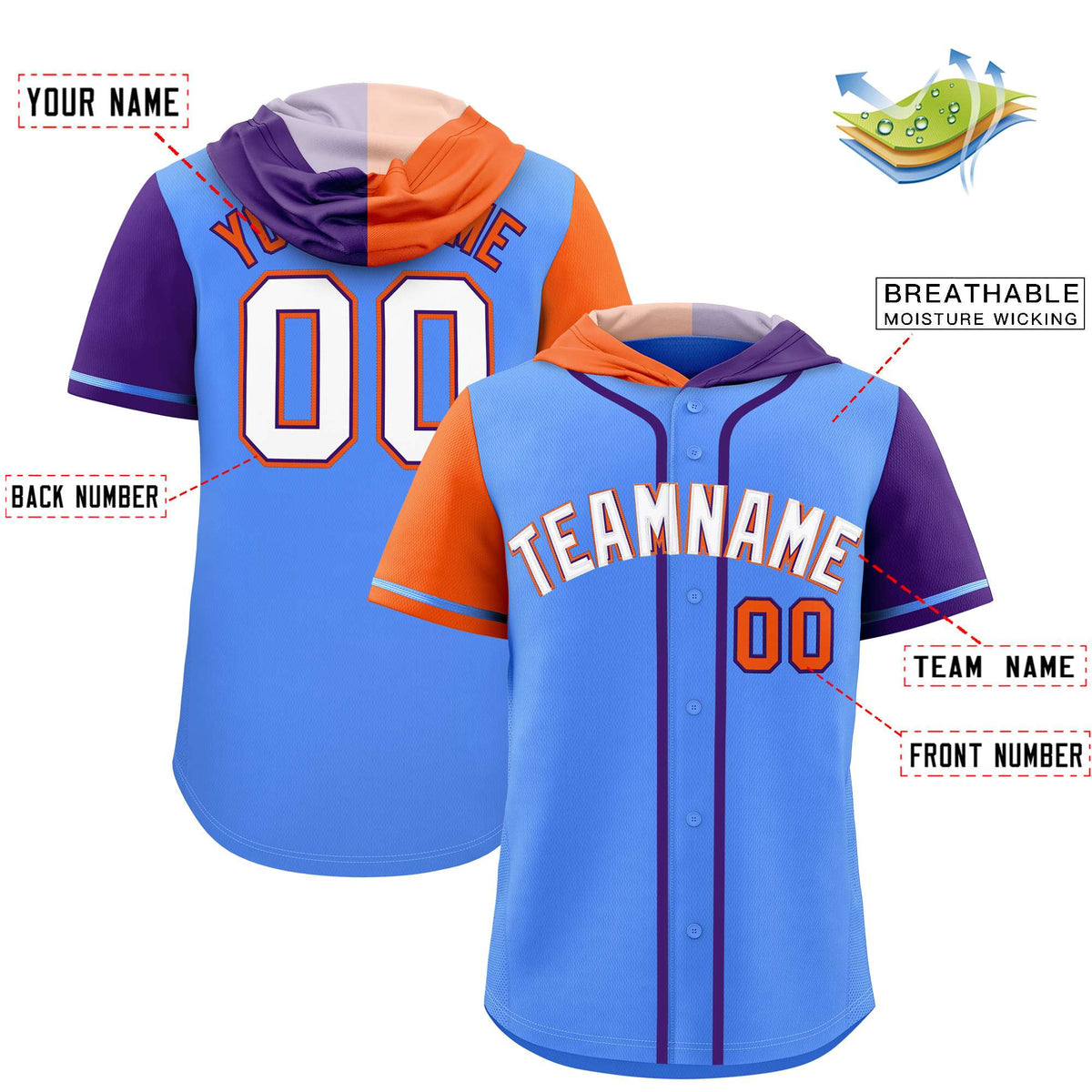 Custom Powder Blue Orange and Purple Split Fashion Raglan Sleeves Authentic Baseball Hoodie Jersey