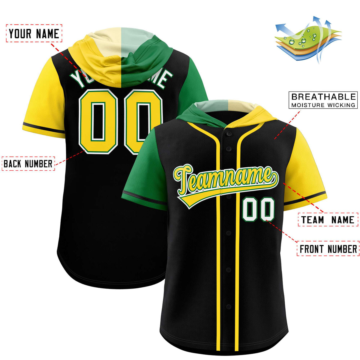 Custom Black Kelly Green and Gold Split Fashion Raglan Sleeves Authentic Baseball Hoodie Jersey