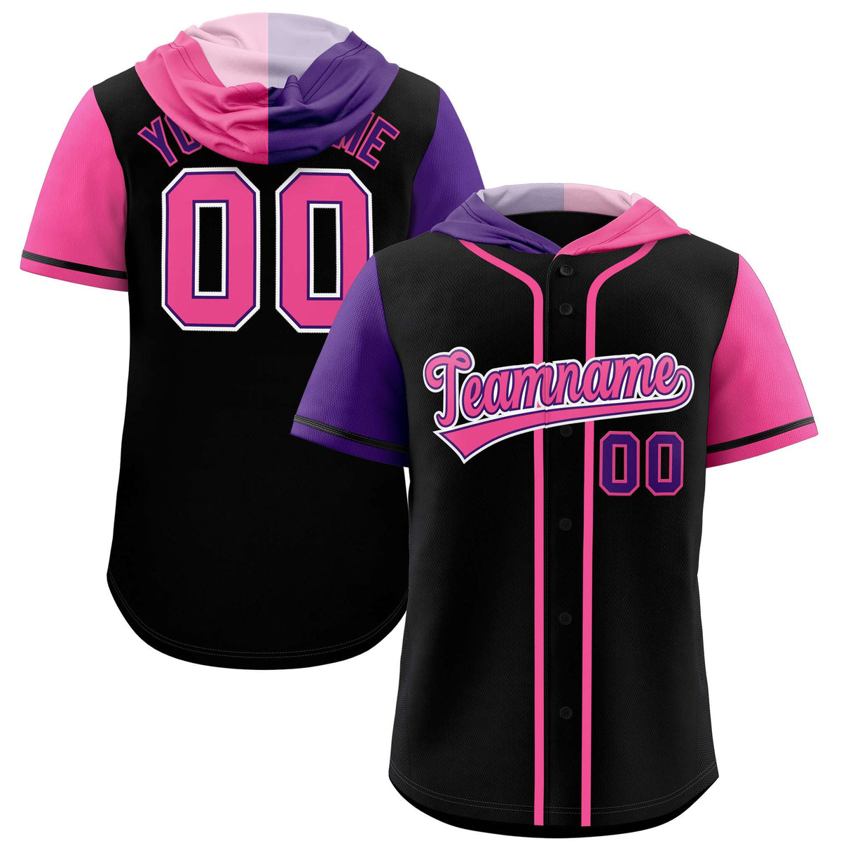 Custom Black Purple and Pink Split Fashion Raglan Sleeves Authentic Baseball Hoodie Jersey