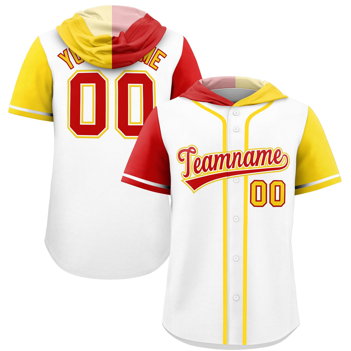 Custom White Red and Gold Split Fashion Raglan Sleeves Authentic Baseball Hoodie Jersey