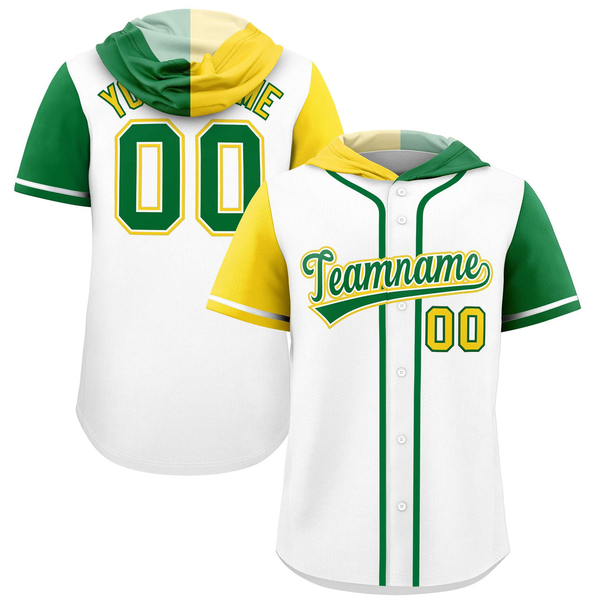 Custom White Gold and Kelly Green Split Fashion Raglan Sleeves Authentic Baseball Hoodie Jersey