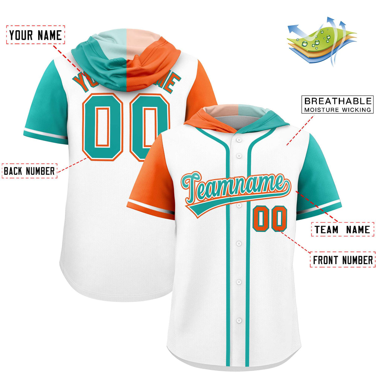 Custom White Orange and Aqua Split Fashion Raglan Sleeves Authentic Baseball Hoodie Jersey