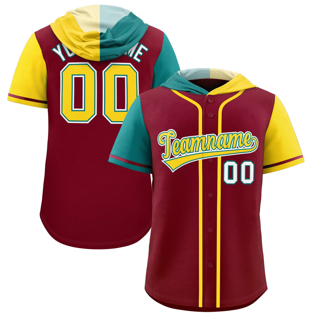 Custom Crimson Aqua and Gold Split Fashion Raglan Sleeves Authentic Baseball Hoodie Jersey