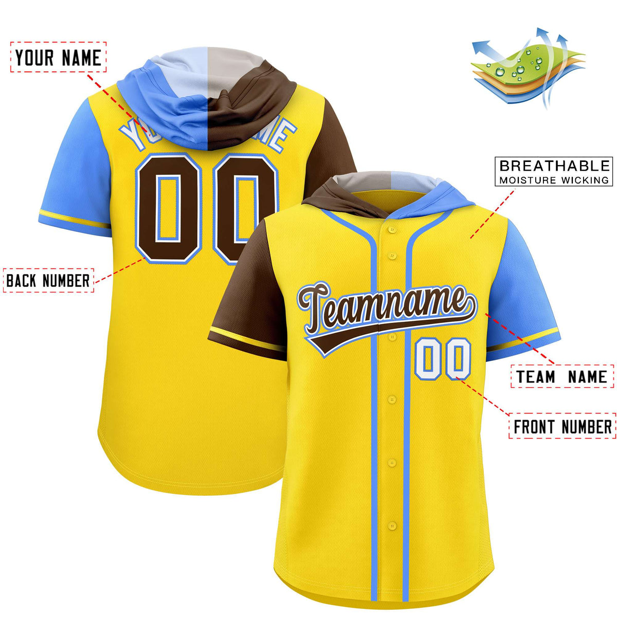 Custom Gold Brown and Powder Blue Split Fashion Raglan Sleeves Authentic Baseball Hoodie Jersey