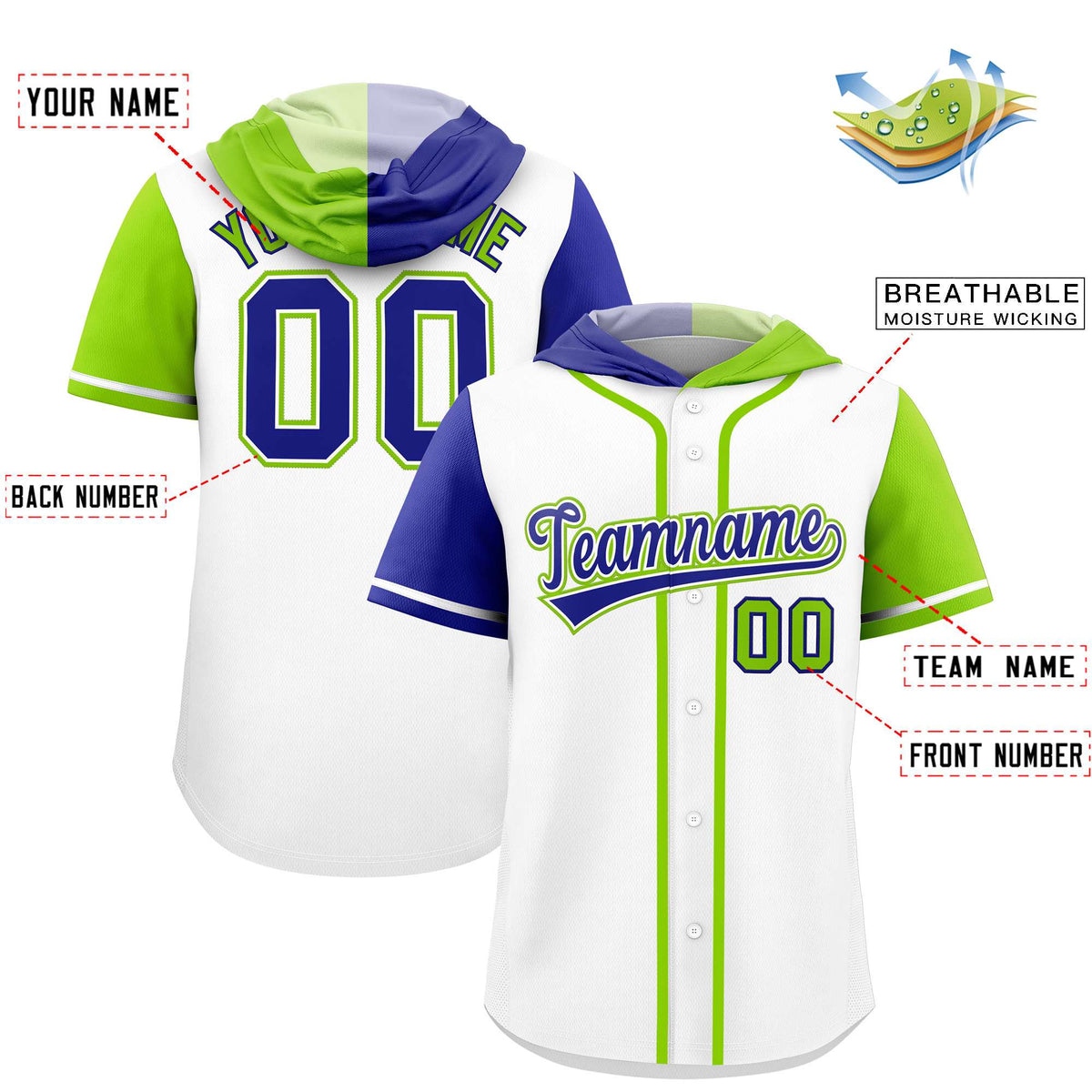 Custom White Royal and Neon Green Split Fashion Raglan Sleeves Authentic Baseball Hoodie Jersey