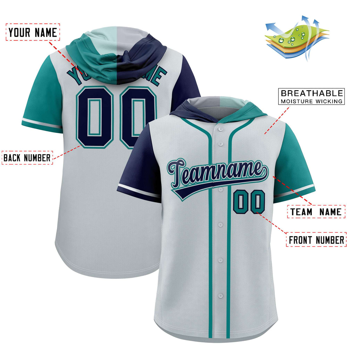 Custom Silver Navy and Aqua Split Fashion Raglan Sleeves Authentic Baseball Hoodie Jersey