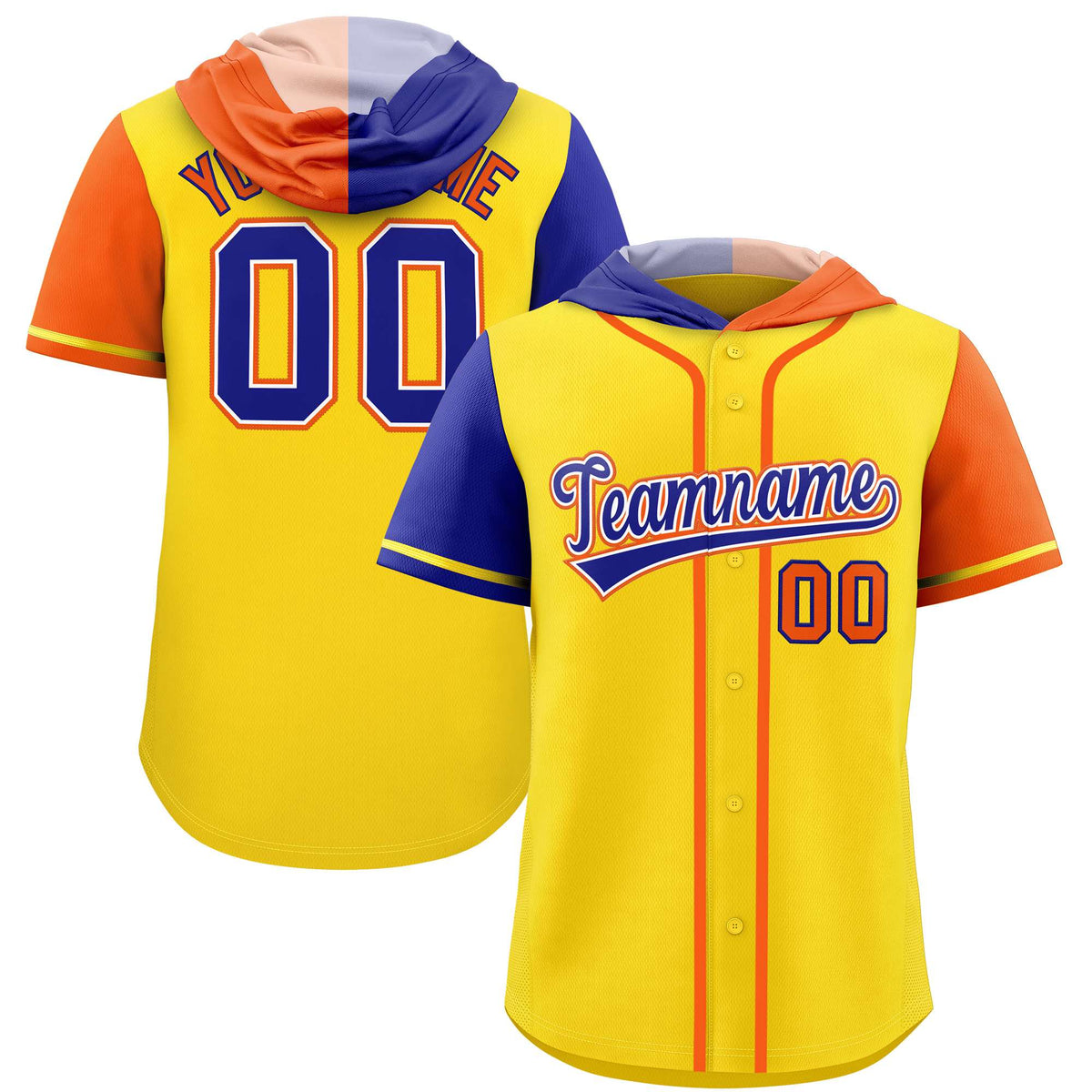 Custom Gold Royal and Orange Split Fashion Raglan Sleeves Authentic Baseball Hoodie Jersey