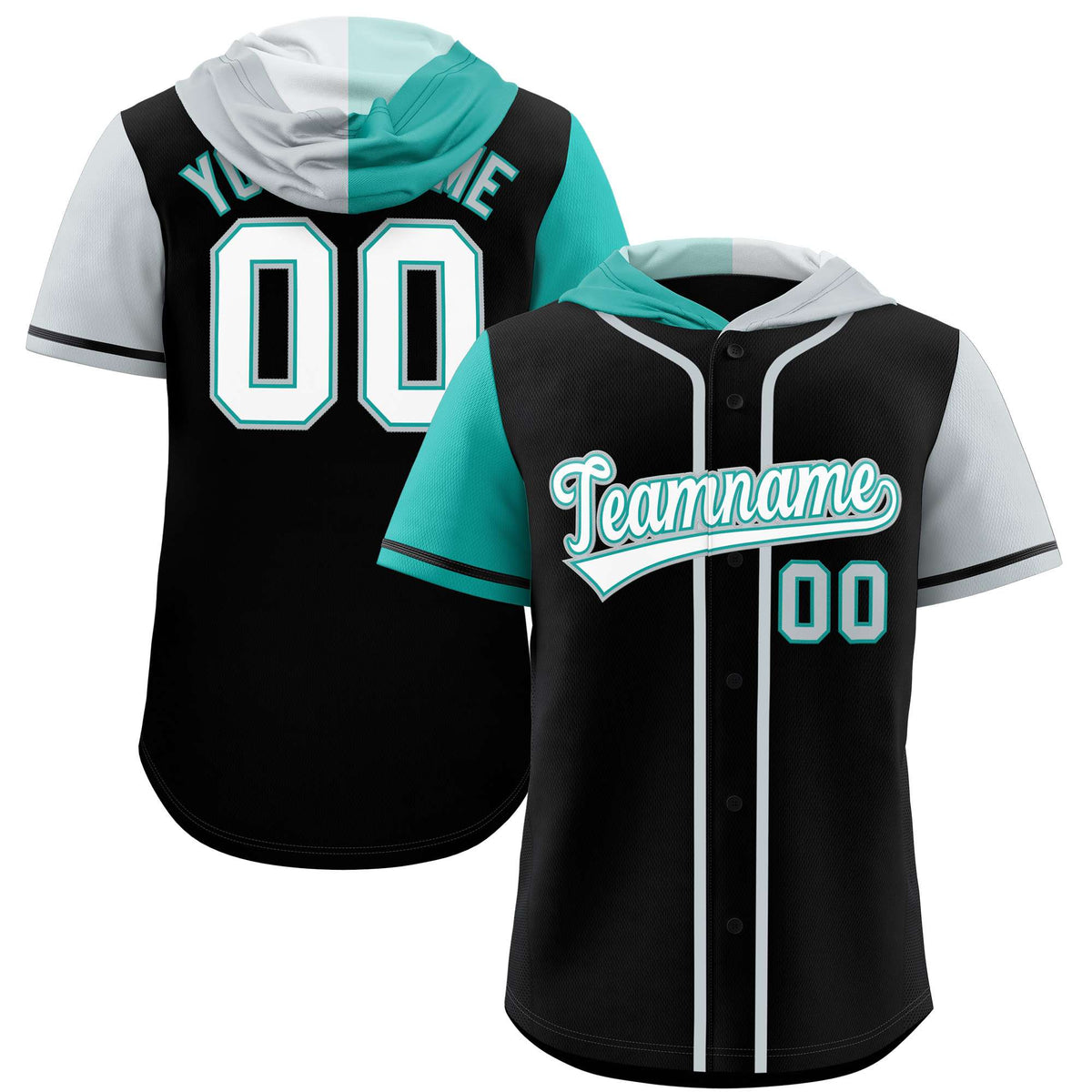 Custom Black Aqua and Silver Split Fashion Raglan Sleeves Authentic Baseball Hoodie Jersey