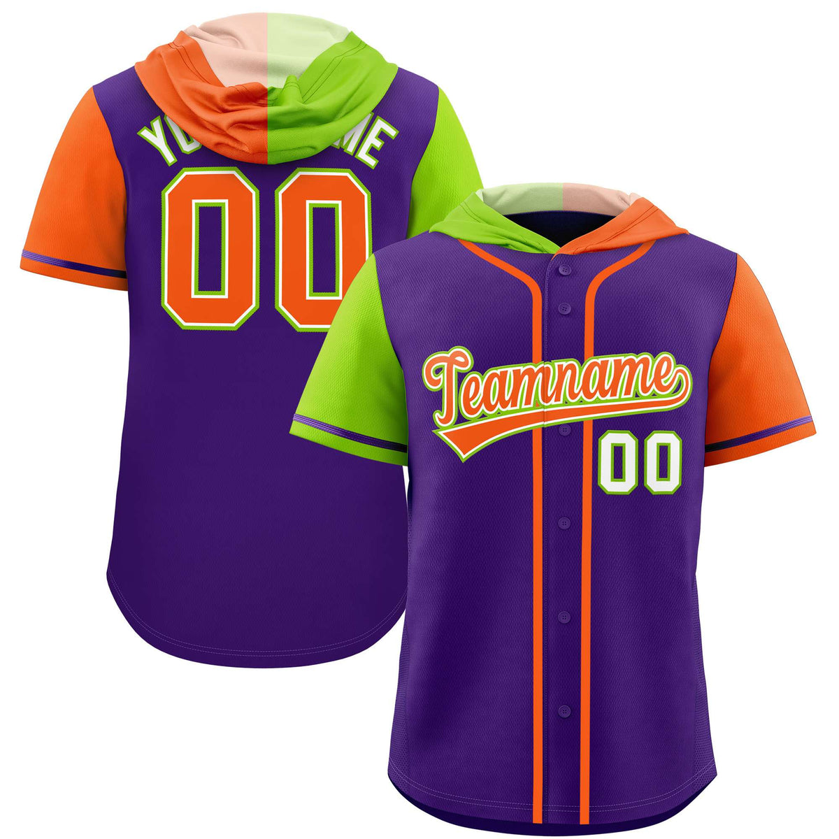 Custom Purple Neon Green and Orange Split Fashion Raglan Sleeves Authentic Baseball Hoodie Jersey