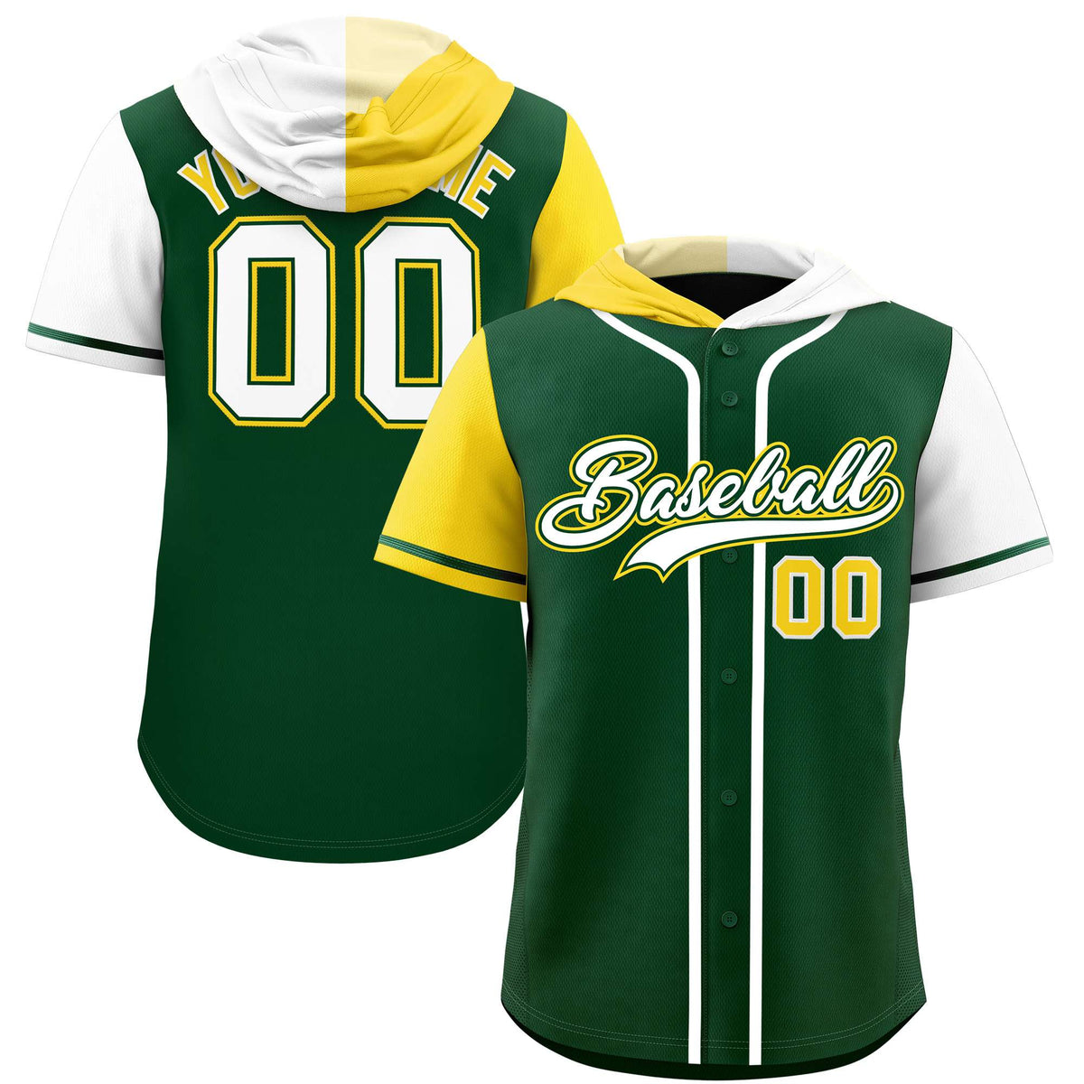 Custom Green Gold and White Split Fashion Raglan Sleeves Authentic Baseball Hoodie Jersey