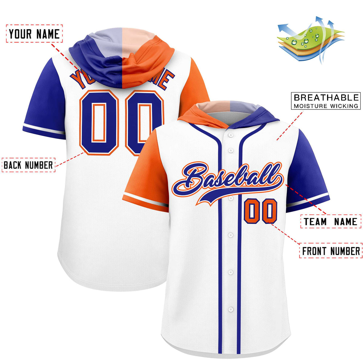 Custom White Orange and Royal Split Fashion Raglan Sleeves Authentic Baseball Hoodie Jersey