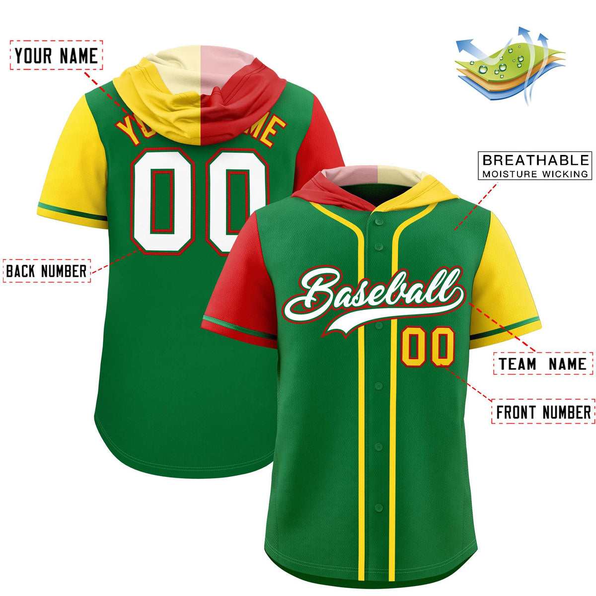 Custom Kelly Green Red and Gold Split Fashion Raglan Sleeves Authentic Baseball Hoodie Jersey