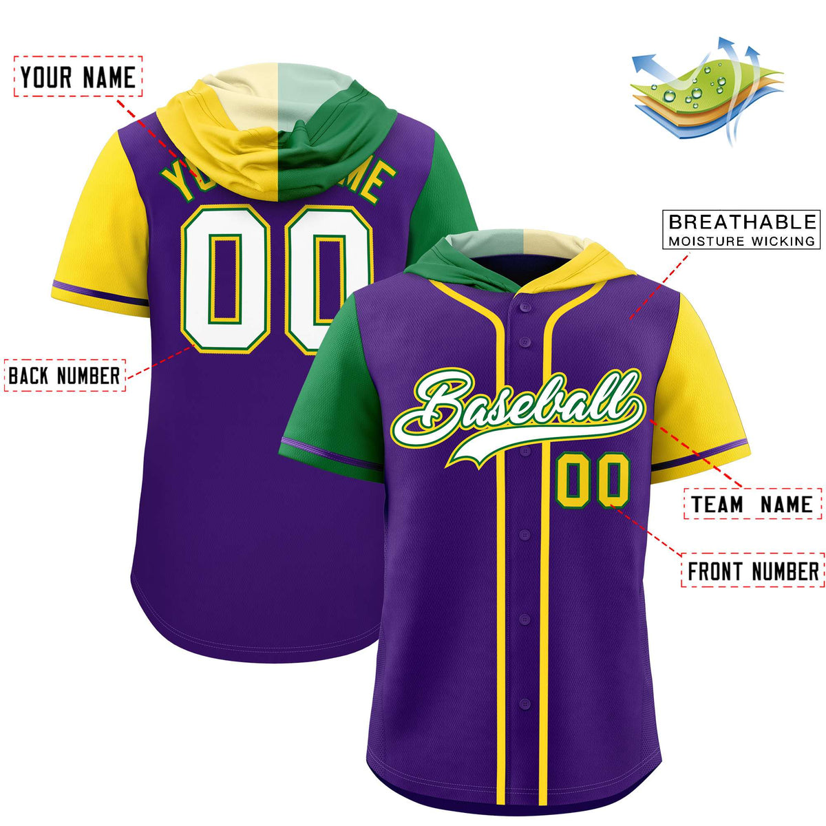 Custom Purple Kelly Green and Gold Split Fashion Raglan Sleeves Authentic Baseball Hoodie Jersey