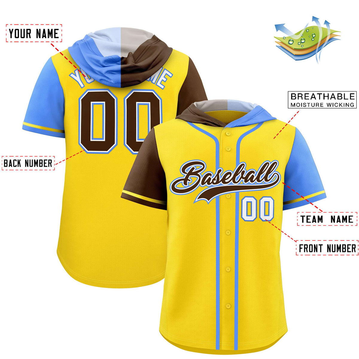 Custom Gold Brown and Powder Blue Split Fashion Raglan Sleeves Authentic Baseball Hoodie Jersey