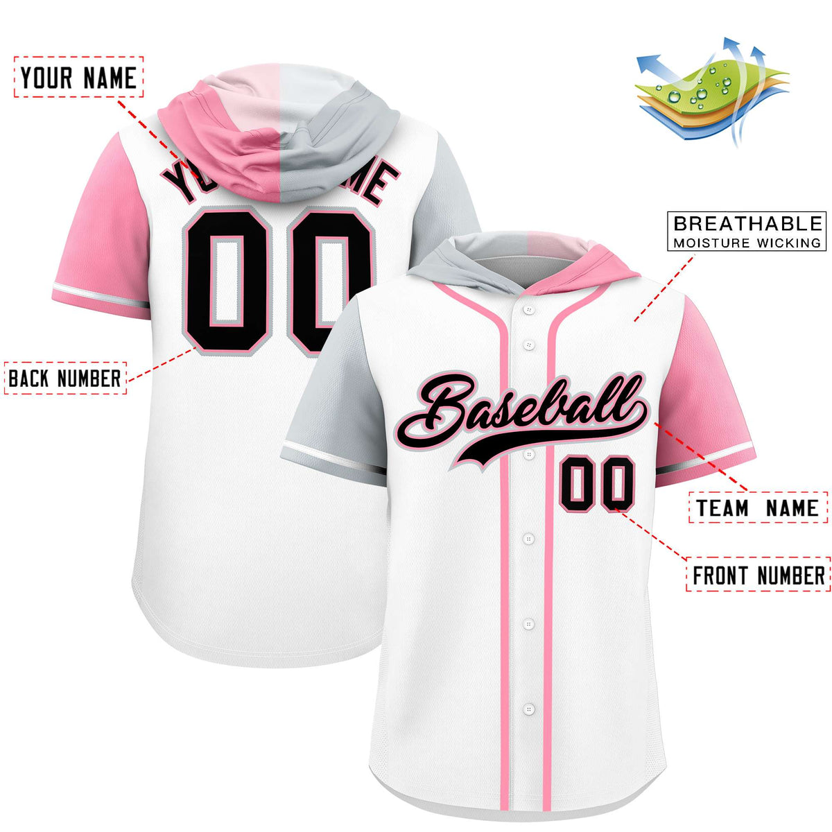 Custom White Silver and Light Pink Split Fashion Raglan Sleeves Authentic Baseball Hoodie Jersey