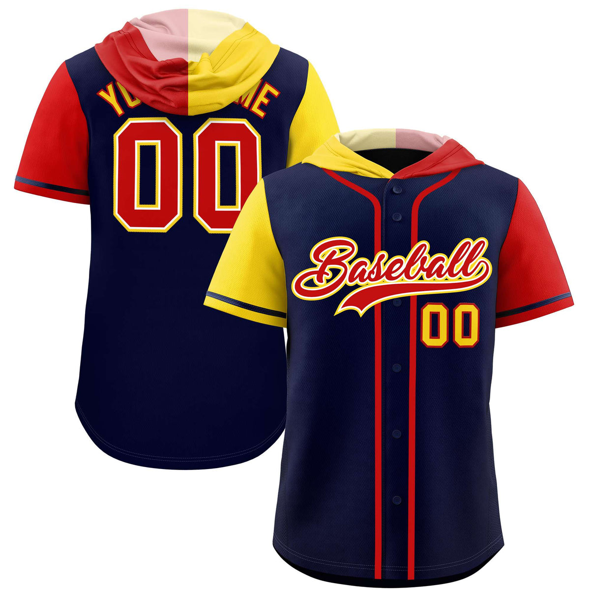 Custom Navy Gold and Red Split Fashion Raglan Sleeves Authentic Baseball Hoodie Jersey
