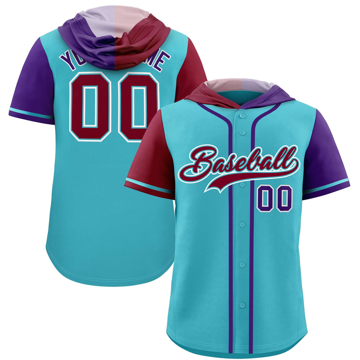Custom Sky Blue Crimson and Purple Split Fashion Raglan Sleeves Authentic Baseball Hoodie Jersey