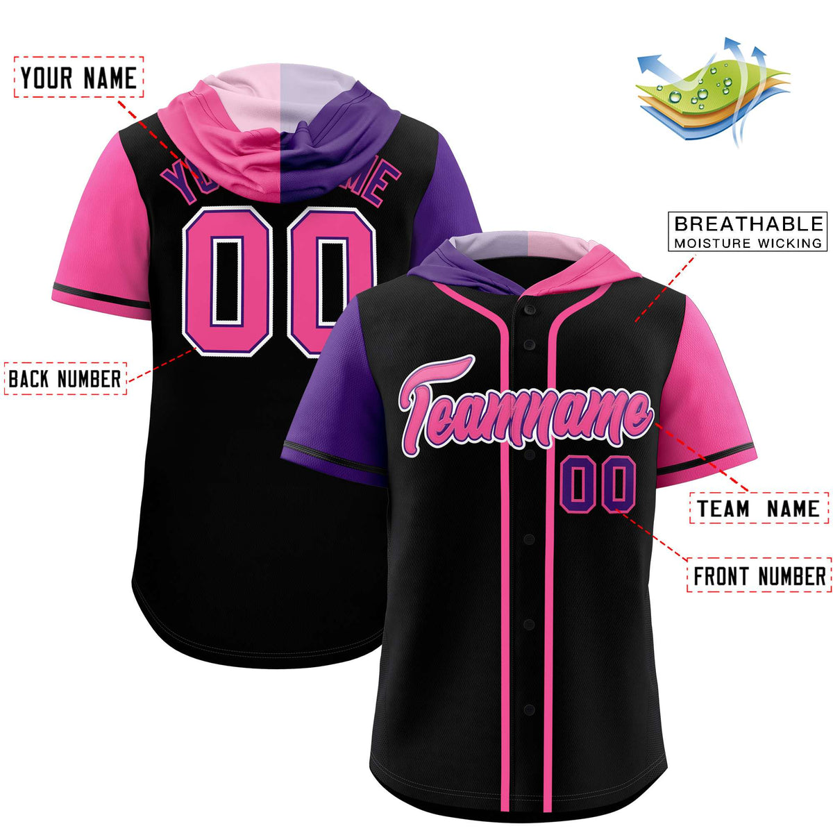 Custom Black Purple and Pink Split Fashion Raglan Sleeves Authentic Baseball Hoodie Jersey