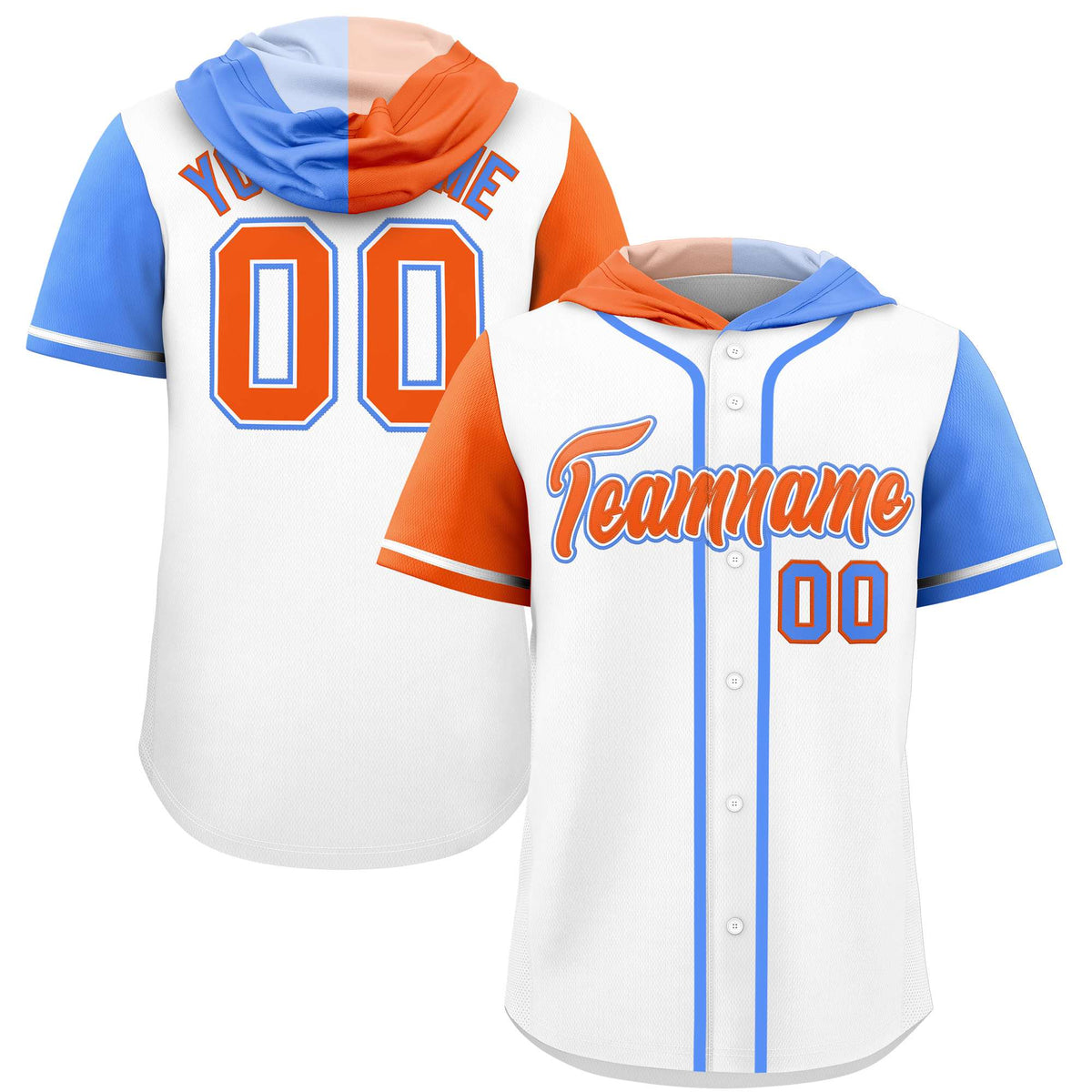 Custom White Orange and Powder Blue Split Fashion Raglan Sleeves Authentic Baseball Hoodie Jersey