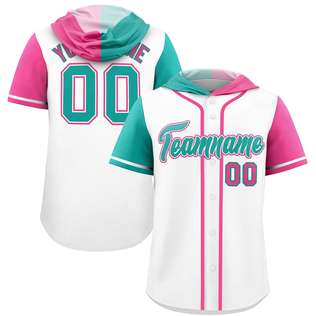 Custom White Aqua and Pink Split Fashion Raglan Sleeves Authentic Baseball Hoodie Jersey