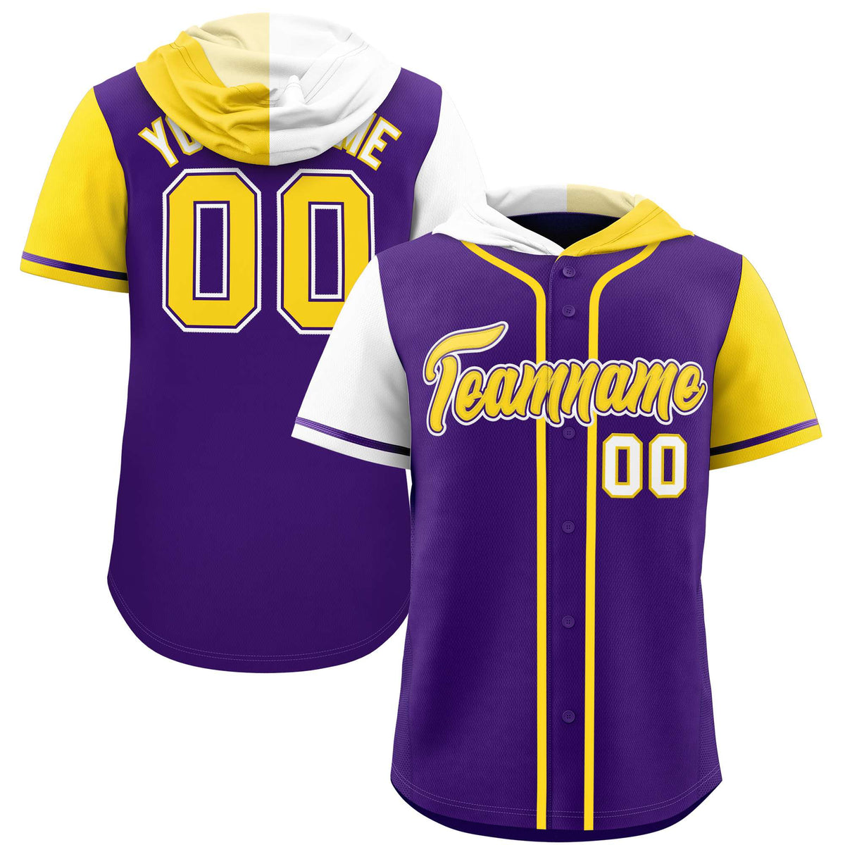 Custom Purple White and Gold Split Fashion Raglan Sleeves Authentic Baseball Hoodie Jersey