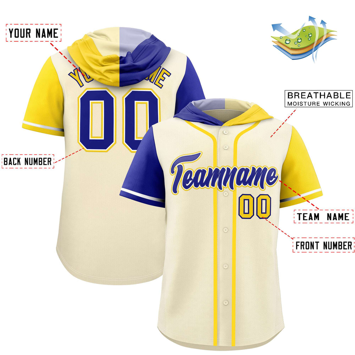 Custom Cream Royal and Gold Split Fashion Raglan Sleeves Authentic Baseball Hoodie Jersey