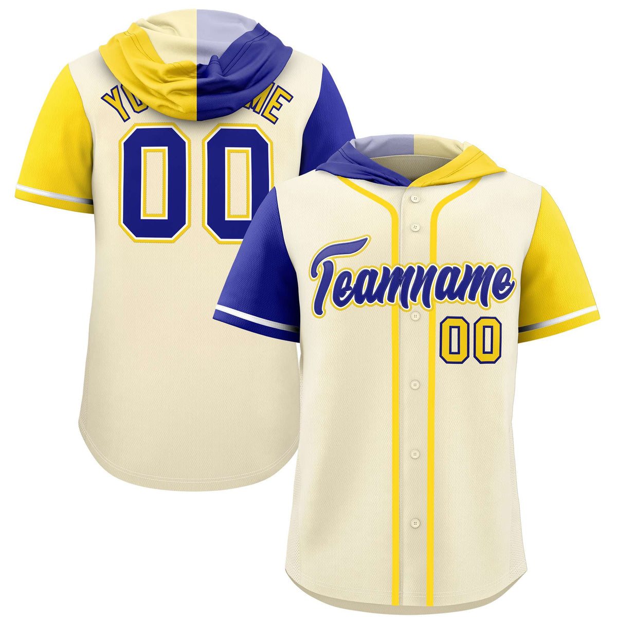 Custom Cream Royal and Gold Split Fashion Raglan Sleeves Authentic Baseball Hoodie Jersey
