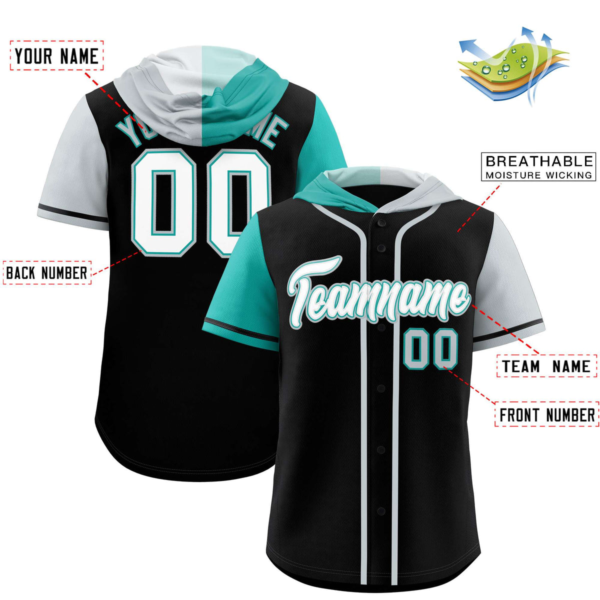 Custom Black Aqua and Silver Split Fashion Raglan Sleeves Authentic Baseball Hoodie Jersey