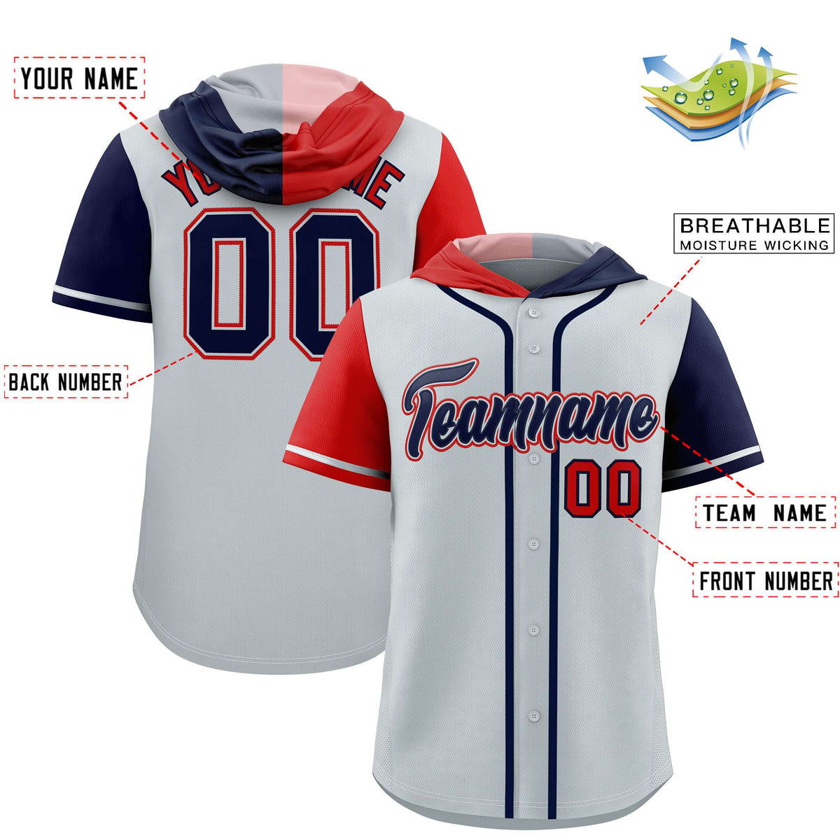 Custom Silver Red and Navy Split Fashion Raglan Sleeves Authentic Baseball Hoodie Jersey